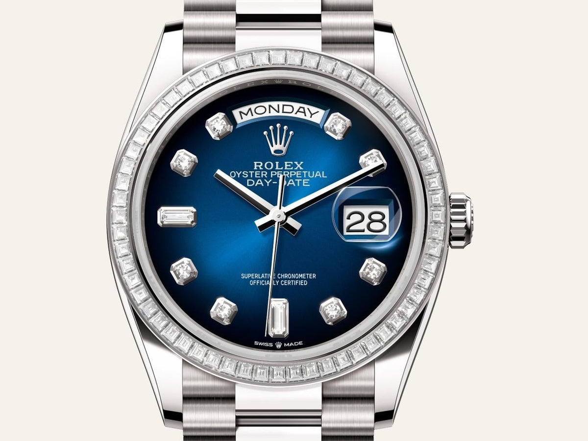 Rolex Day-Date 36 White Gold Blue Ombre Diamond Dial Diamond Bezel