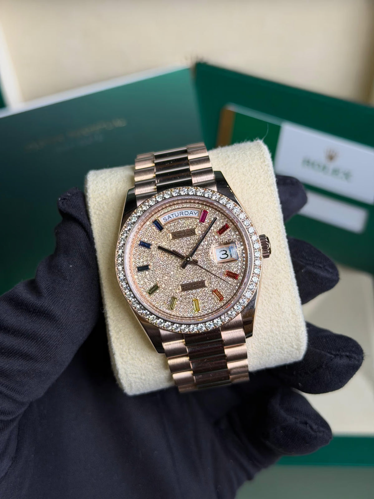 Rolex Day-Date 36 ainbow Rose Gold Diamond Bezel